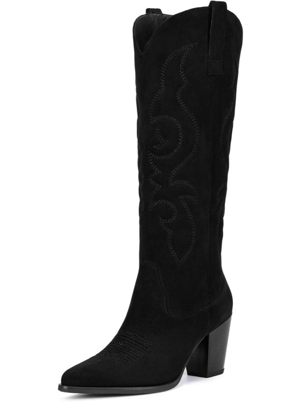 Women's Black Suede Knee High Cowgirl Boots Zipper Retro Pointed Toe Tall Boots